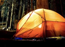 Nighttime photo of orange tent