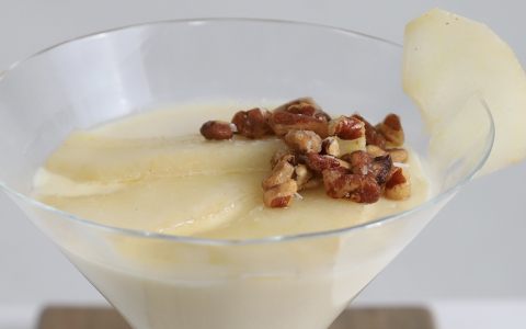 Vanilla Panna Cotta with Whiskey Poached Pears & Toasted Pecan