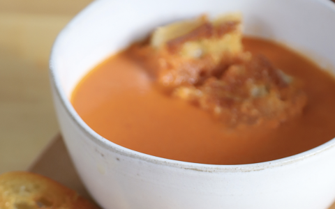 Tomato Bourbon Soup with Grilled Cheese Crouton
