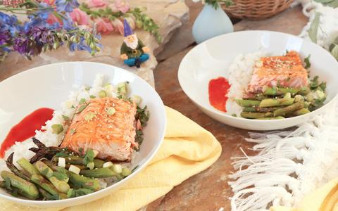 Gin and Ginger Soy Roasted Salmon Rice Bowl