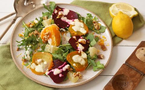 Roasted Beet, Citrus Salad with Walnuts and Zested Vodka Creme Fresh