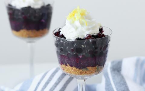 Blueberry Rum Pie Shooter with Thyme Crackers and Lemon Whipped Cream