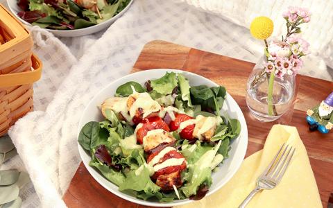 Tequila Lime Chicken Kabob Salad with Creamy Avocado Dressing