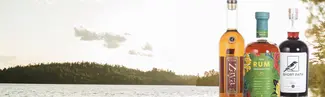 3 bottles of spirits with a landscape background