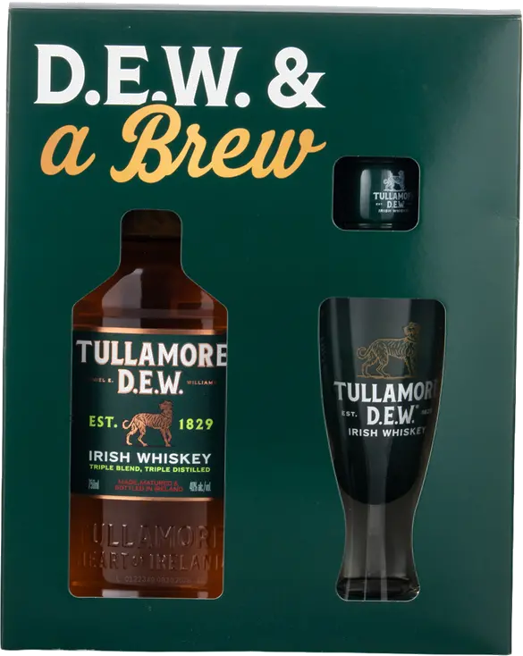 TULLAMORE DEW W/1 SHOT GLS & 1 PINT GLS