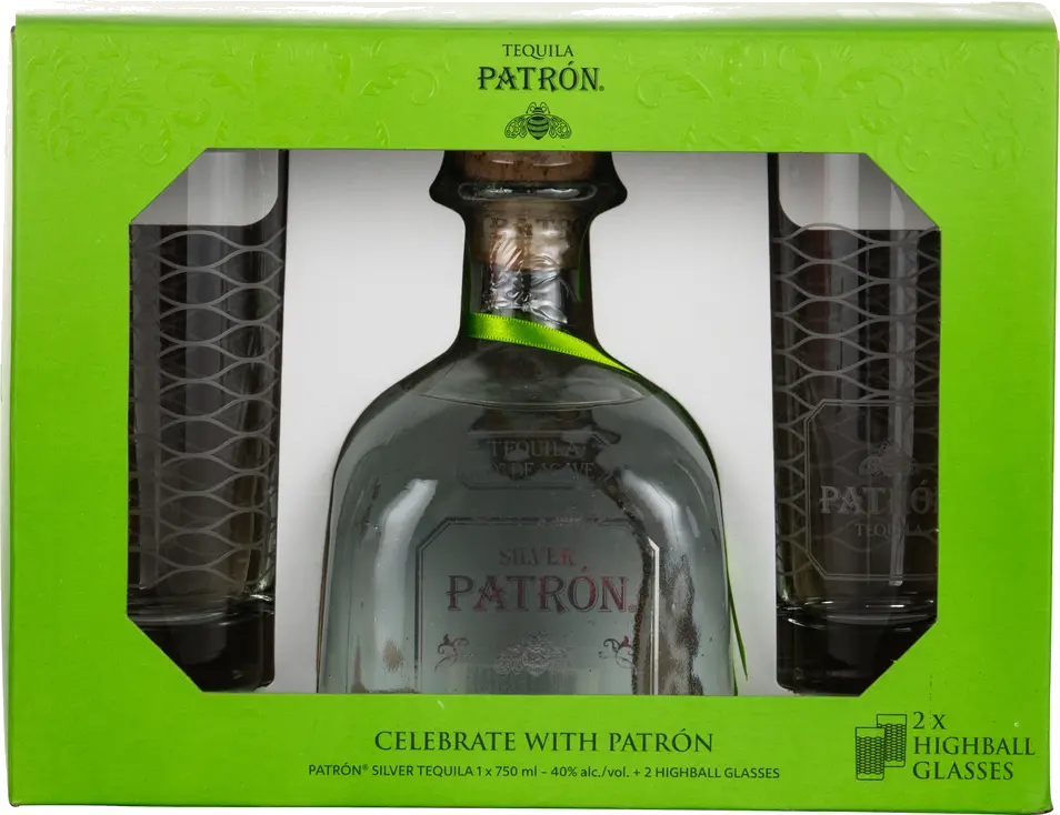 PATRON SILVER W 2 HIGHBALL GLASSES