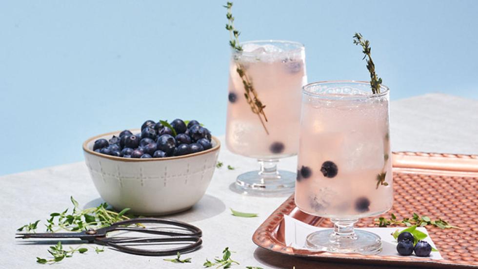 Two cocktails and a bowl of blueberries 