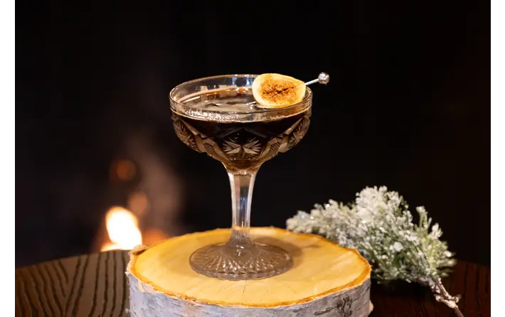 Black fig walnut Manhattan cocktail. Recipe by Ethan Guillemette