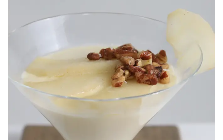 Vanilla Panna Cotta with Whiskey Poached Pears & Toasted Pecan
