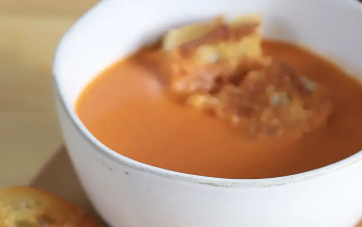 Tomato Bourbon Soup with Grilled Cheese Crouton