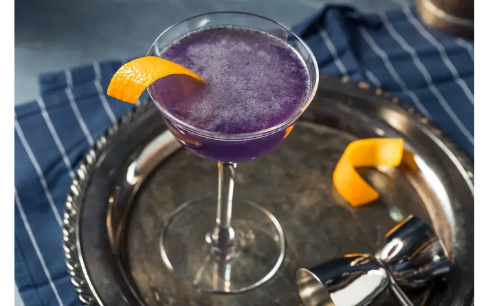 Gin de Fleurette cocktail with Empress Gin, Elderflower Liqueur, Creme de Violette and Lemon Juice, recipe by Ethan Guillemette