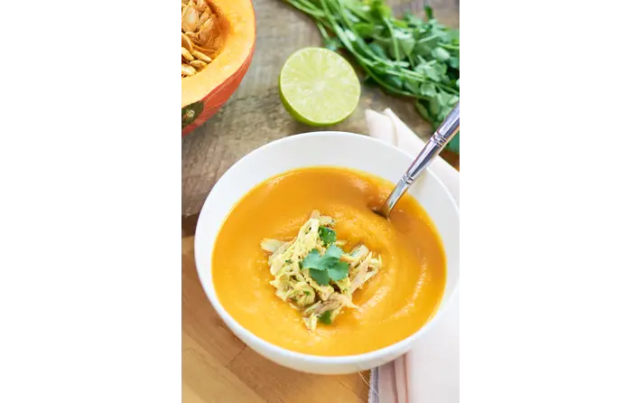 Curry Squash Soup with Tequila Lime Pulled Chicken