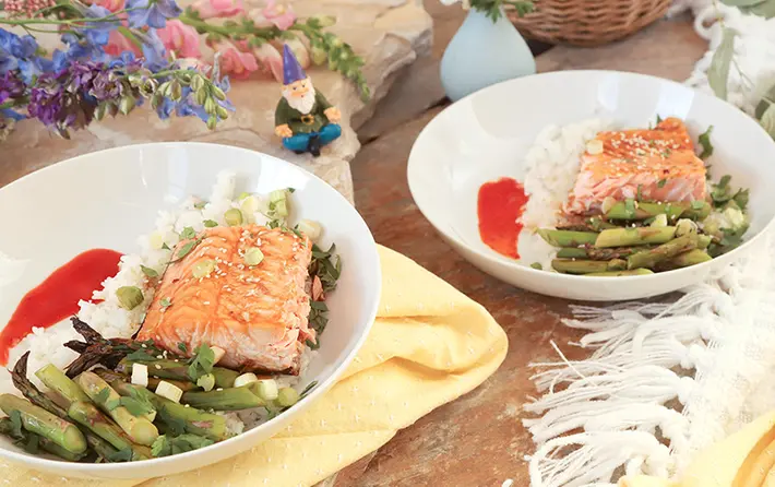 Gin and Ginger Soy Roasted Salmon Rice Bowl