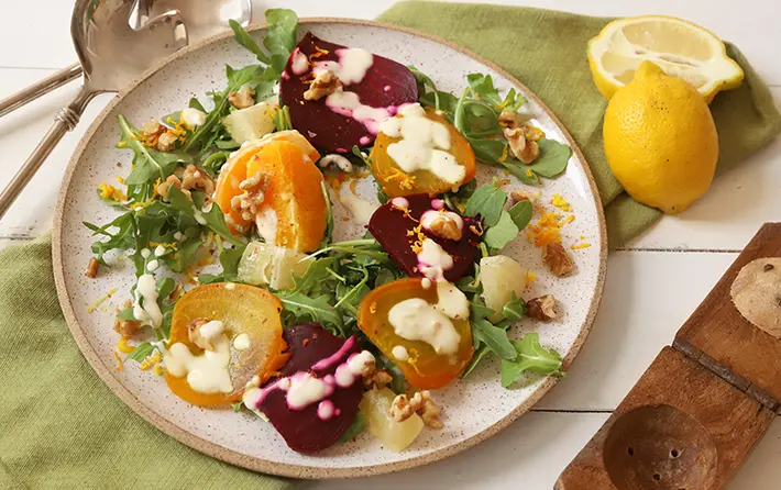 Roasted Beet, Citrus Salad with Walnuts and Zested Vodka Creme Fresh
