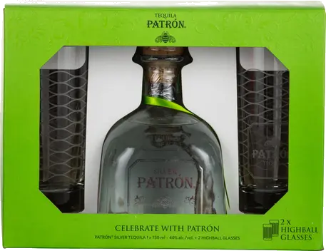 PATRON SILVER W 2 HIGHBALL GLASSES