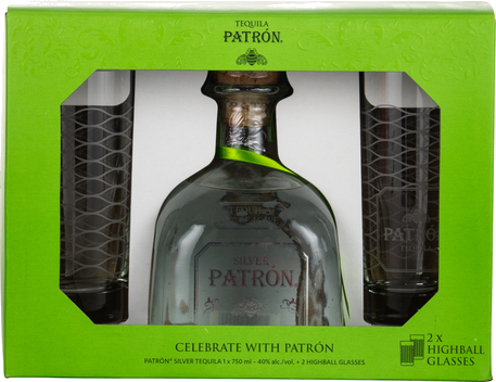 PATRON SILVER W 2 HIGHBALL GLASSES
